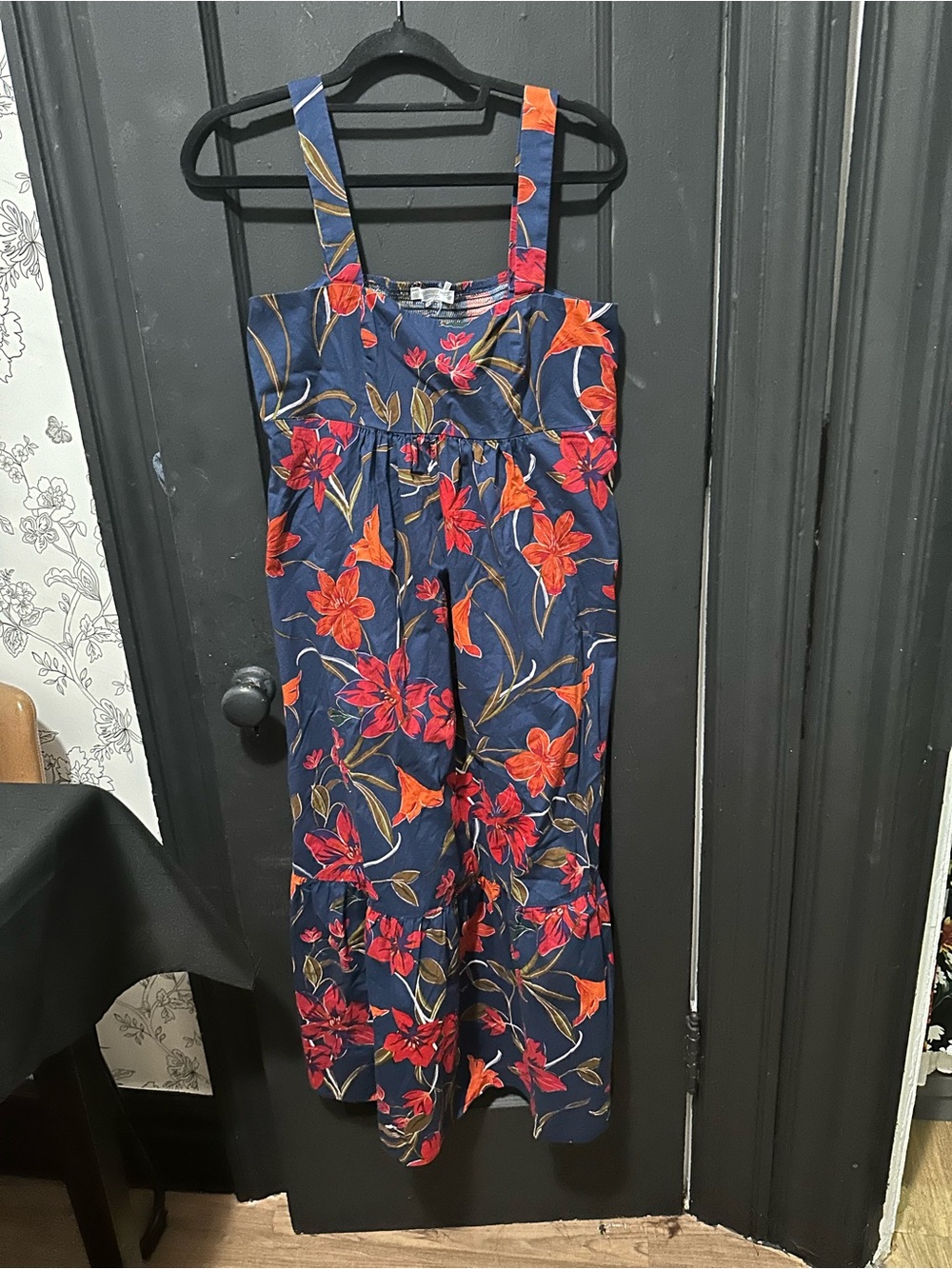 London Times Navy Jumpsuit with Red-Orange Floral Print